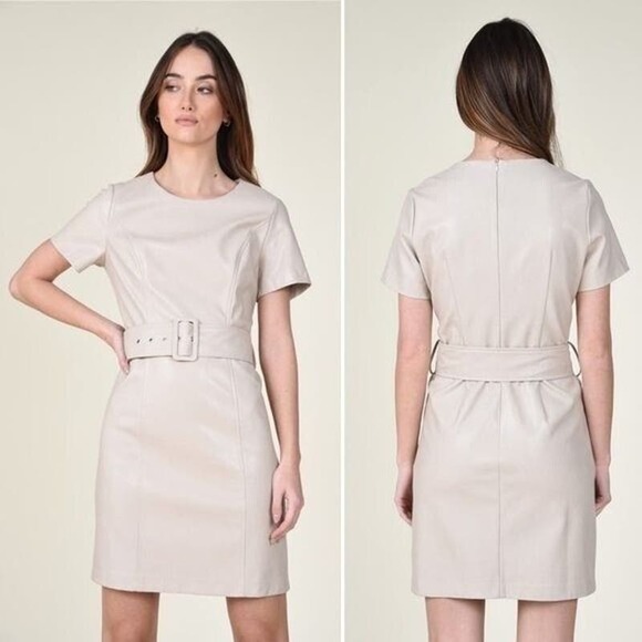 Molly Bracken La Collection Size M Belted Vegan Faux Leather Dress in Beige FLAW - Picture 3 of 16